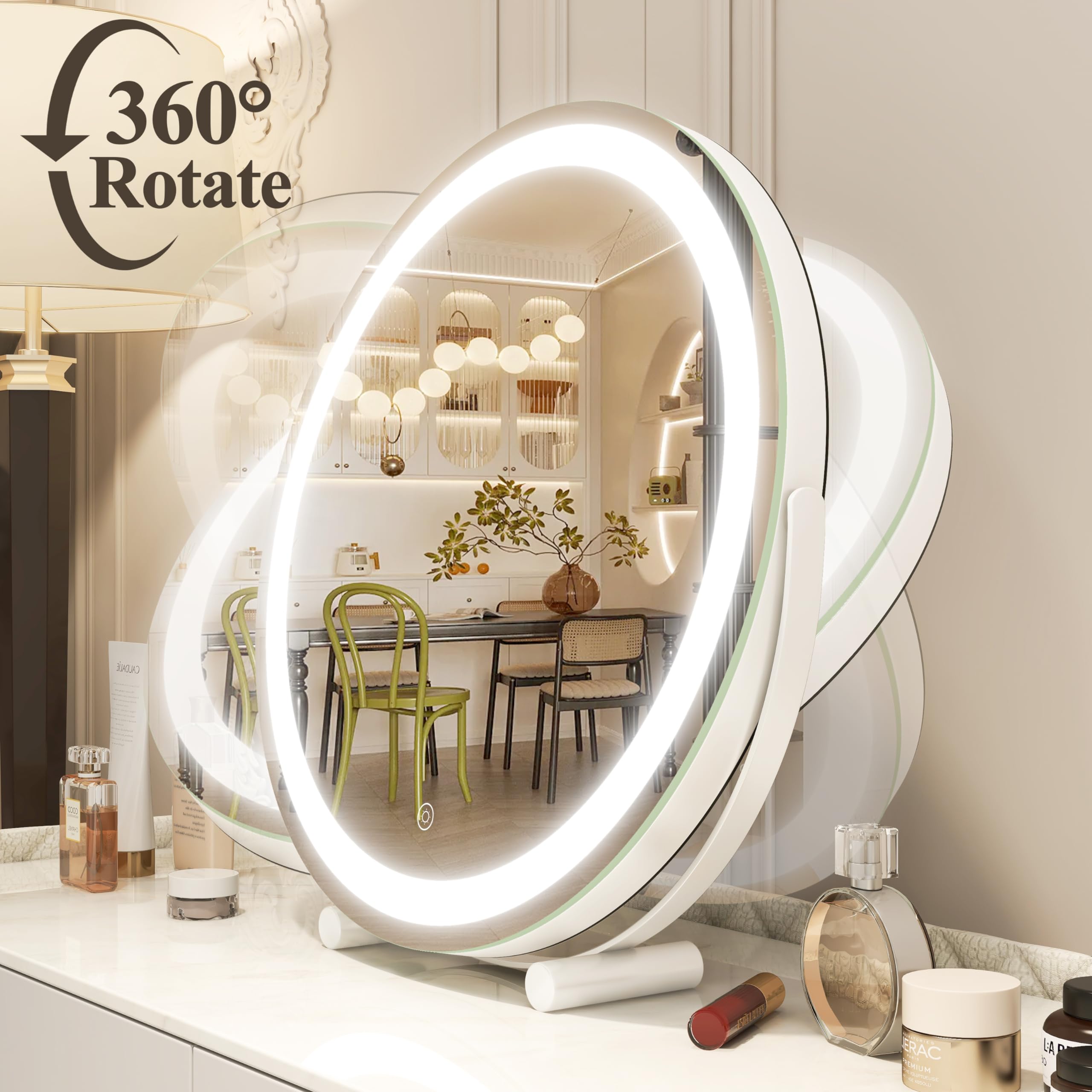 45cm Large Makeup Desk Mirror Lights Round LED Makeup Make up Mirror Bedroom Tabletop Touch Control White